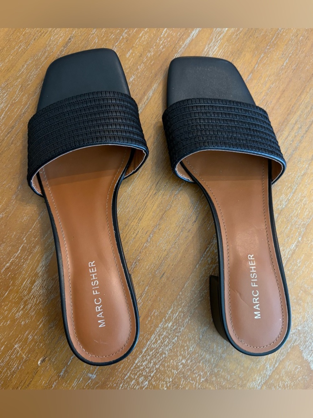 Marc Fisher Black Raffia Square-Toe Slide Sandal Dressy Casual Summer Shoe